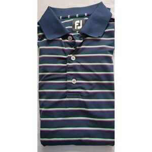 FOOTJOY MENS GOLF POLO NAVY BLUE WITH NEON GREEN/PURPLE STRIPES SIZE MEDIUM